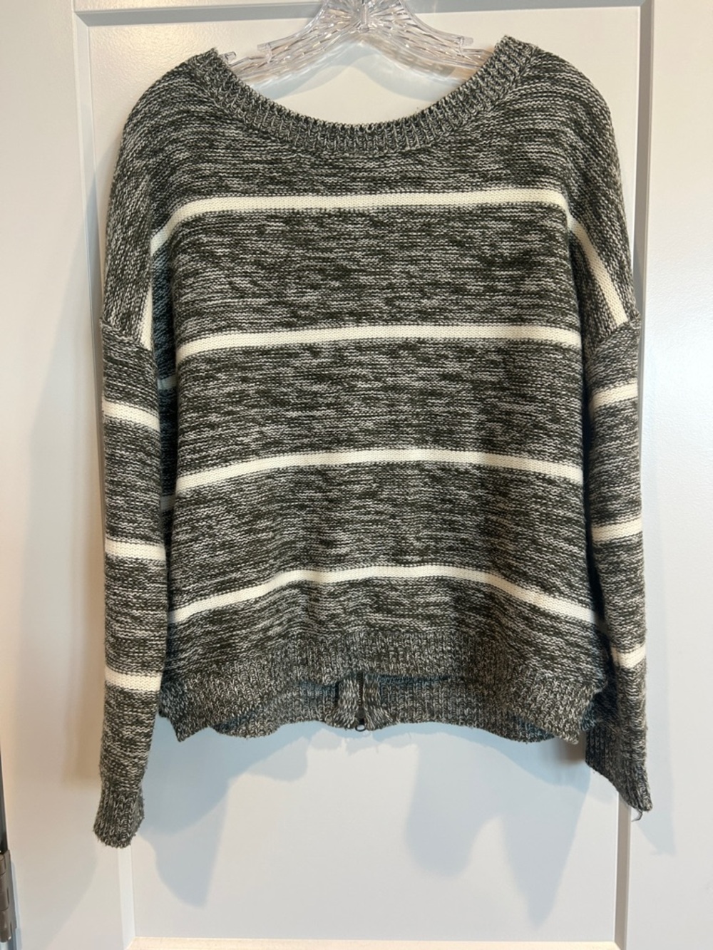 Urban Day Striped Crewneck Sweater with full zip up back - Gray & White size M/L
